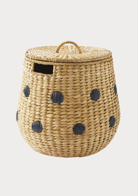 Polka Dot Handwoven Jute Storage Basket with Lid