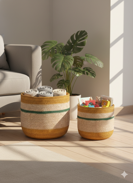 Striped Handwoven Jute Bowl Style Storage Basket Set - Image 2