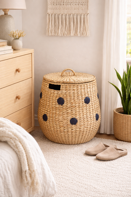 Polka Dot Handwoven Jute Storage Basket with Lid - Image 2