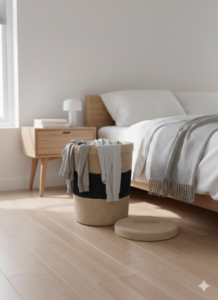 Two-Tone Handwoven Jute Laundry Basket with Lid - Image 2