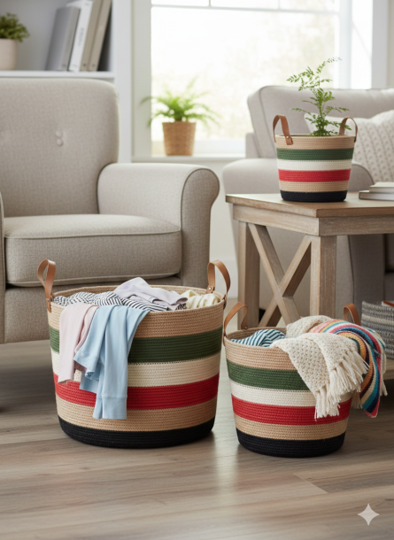 Hand-Woven Jute Laundry Basket (Set) - Image 2