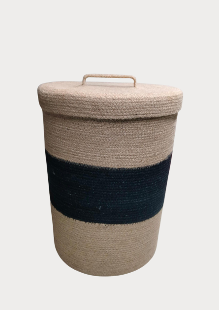 Two-Tone Handwoven Jute Laundry Basket with Lid