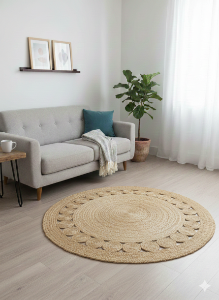 Handwoven Natural Jute Round Rug with Terracotta Center - Image 2